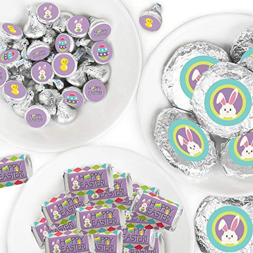 Big Dot of Happiness Hippity Hoppity - Mini Candy Bar Wrappers, Round Candy Stickers and Circle Stickers - Easter Bunny Party Candy Favor Sticker Kit - 304 Pieces