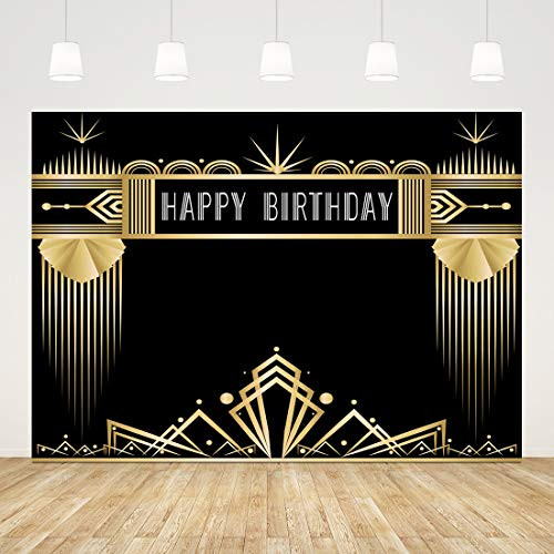 Roaring 20s Photography Backdrop The Great Gatsby Theme Birthday Background Adults Retro Gold and Black 1920s Arts Happy Birthday Party Decorations Photo Studio Props 7x5ft