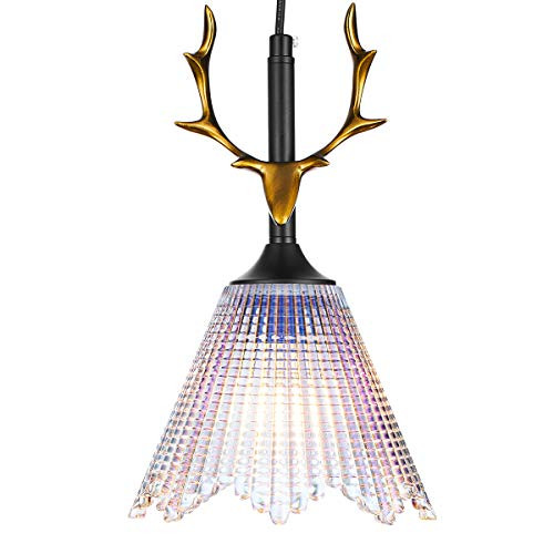SYDTOP Modern Mini Glass and Crystal Pendant Light, Brushed Brass Antler Hanging Lamp, 1-Light Indoor Kitchen Pendant Lighting Fixture for Kithchen Island Sink Dining Room Farmhouse Loft Counter Bar