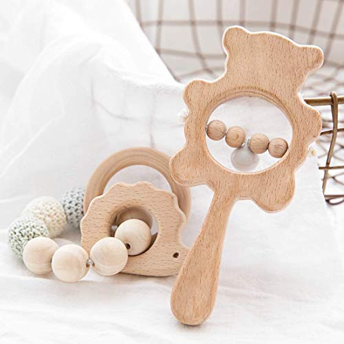 Bopoobo Wooden Baby Teething Toys Montessori Hedgehog Shape Grasping Toddler Toys Wood Rattles Bracelet 2pc Set