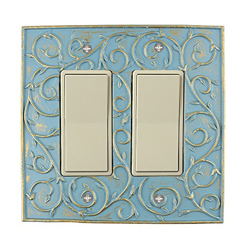 Meriville French Scroll 2 Rocker Wallplate, Double Switch Electrical Cover Plate, Cameo Blue with Gold