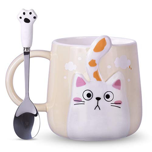 Notrefly Cat Mug and Spoon Cute Ceramic Cat Coffee Mug, Novelty Cat Tea Cup For Crazy Cat Lady Lovers Women Boy And Girls,Beige