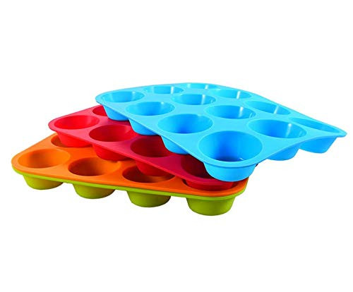 UgyDuky 12-Cup Silicone Muffin & Cupcake Baking Pan, 4 Pack Silicone Molds for Muffin Tins, Cakes, Non-stick Mould (Orange, Red, Blue)