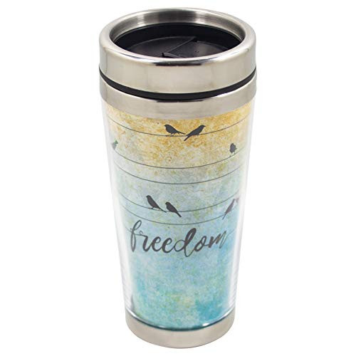 Freedom Blue Ombre Black Bird 16 Ounce Stainless Steel Travel Tumbler Mug with Lid
