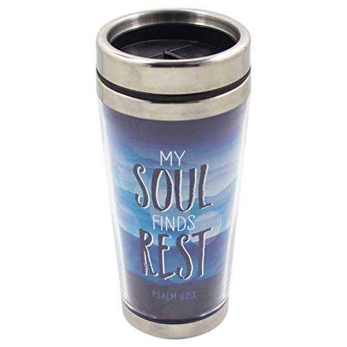 My Soul Finds Rest Blue Ombre 16 Ounce Stainless Steel Travel Tumbler Mug with Lid
