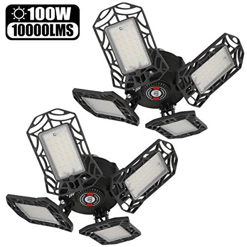 Garage Light, LED Garage Light 2 Pack, Deformable Led Garage Lights 100W 10000LM Bright Garage Light Led Garage Ceiling Light with 4 Adjustable Panels for Workshop Garage Basement(Daylight White)