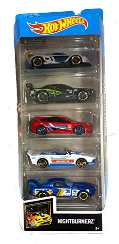 Hot Wheels Cars Nightburnerz 5-Pack (Renault Sport R.S. 01, Dodge Challenger Drift Car, Ford Focus RS, Track Manga and Custom `12 Ford Mustang)