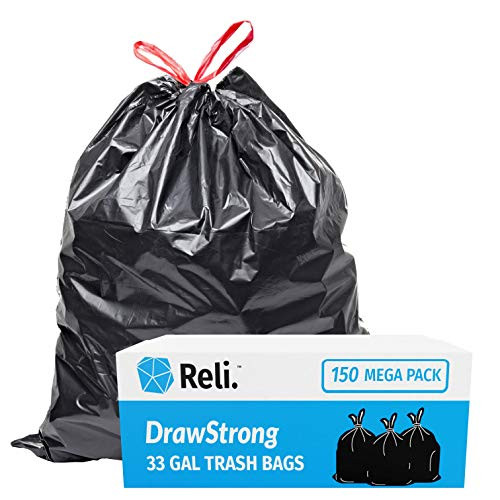 Reli. 30 Gallon Trash Bags Drawstring (150 Count) Large 30 Gallon Garbage Bags Drawstring - Black Heavy Duty Drawstring Trash Bags 30 Gal, Multipurpose