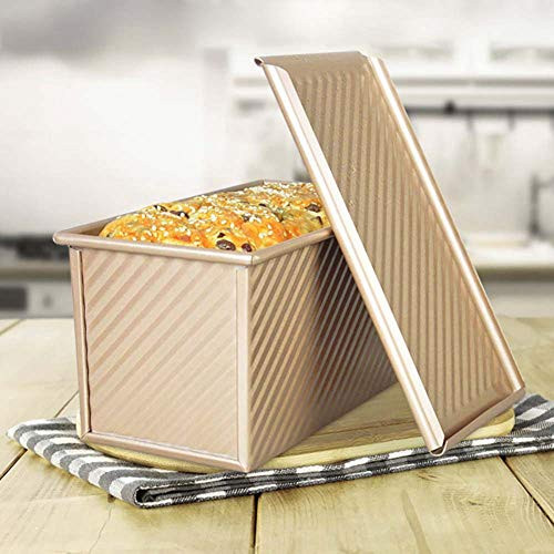 PUJIA Pullman Loaf Pan with Lid Non-Stick Bakeware Bread Toast Mold Aluminum Alloy Corrugated Baking Bread Pan Bread Tin for Homemade Cakes, Breads and Meatloaf (Gold)