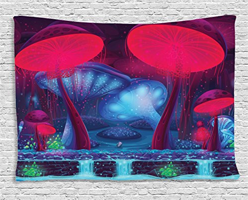 Ambesonne Mushroom Decor Tapestry, Magic Mushrooms with Vibrant Neon Lights Graphic Image Enchanted Forest Theme Print, Wall Hanging for Bedroom Living Room Dorm, 80 W X 60 L Inches, Blue and Red Ambesonne Mushroom Decor Tapestry, Magic Mushrooms with Vibrant Neon Lights Graphic Image Enchanted Forest Theme Print, Wall Hanging for Bedroom Living Room Dorm, 80 W X 60 L Inches, Blue and Red