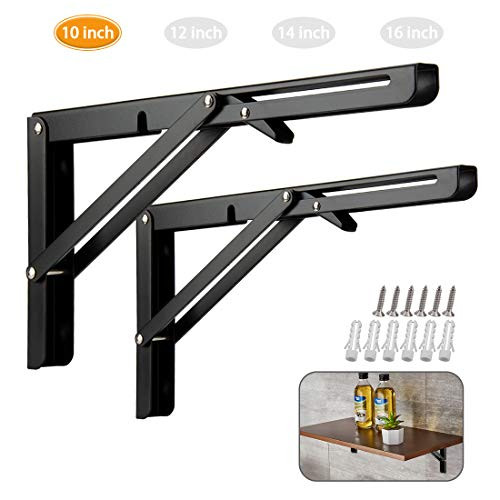 Folding Shelf Brackets, Heavy Duty Metal Triangle Shelf Bracket, DIY Bracket Folding Shelf Hinge Wall Mounted, Max Load: 150lb, for Table Work Bench Space Saving, Pack of 2 (10 Inch, Black)
