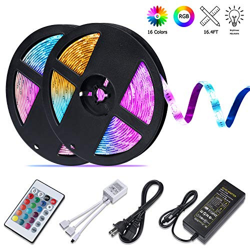 LED Strip Lights, 32.8ft/10m RGB LED Lights Color Changing 5050 Flexible 600 LEDs Light Strips with 24 Keys IR Remote and 12V Power Supply Light Strips Kit for Home, Bedroom, Kitchen DIY Decoration