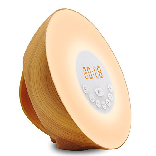 Wood Grain Alarm Clock with Sunrise Sunset Simulation&FM Clock Radio&6 Nature Sounds&7 Colors Night Light&Snooze Functions, Bedroom Alarm clock for Kids Teens Adults