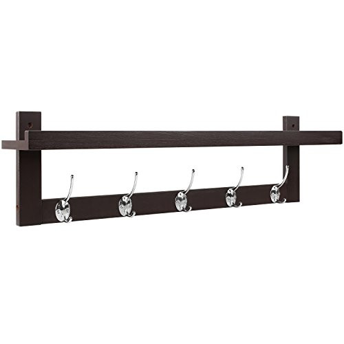 HOMFA Bamboo Entryway Wall Shelf Hanging Shelf Coat Hook Rack Wall-Mounted with 5 Dual Metal Hooks for Hallway, Bathroom, Living Room, Bedroom, Dark Brown