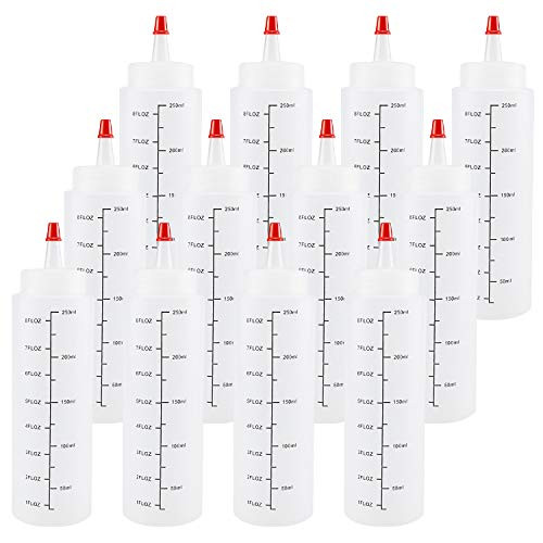 Dreecy 12-Pack 8 oz. (240 ml) Plastic Squeeze Condiment Bottles, Condiment Squeeze Bottles with Red Tip Cap and Scales - Plastic Squirt Bottle Writer Bottles for Ketchup, Sauces, Syrup, Arts & Crafts