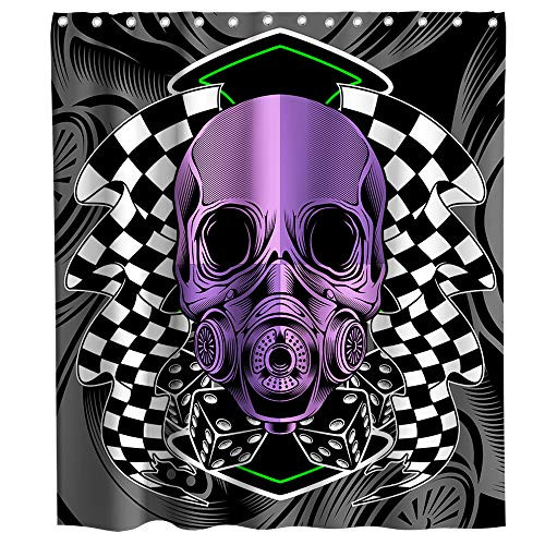 Happy Halloween Sugar Skull Racing Theme Fabric Black and White Shower Curtain Sets Kids Bathroom Halloween Decor with Hooks Waterproof Washable 72 x 72 inches Purple Green and Grey