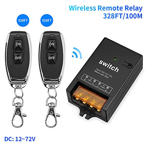 DC12V 24V 36V 48V 72V 30A RF Relay Wireless Switch with 328FT Long Range Light Remote Control 433Mhz Relay Receiver with 2 Wireless Transmitters for Lights, Garage Door etc.
