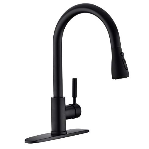 Leetcp Kitchen Faucet with Pull Down Sprayer, Pull Out Single Handle Kitchen Sink Faucet with Deck Plate, 15.35" high, Matte Black