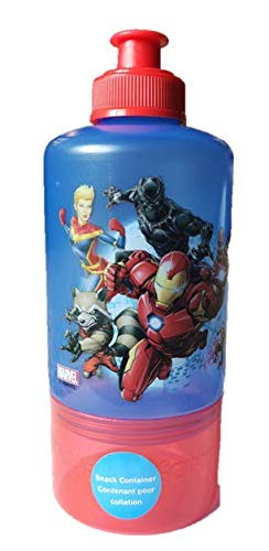 Zak Designs Marvel Super Hero Children's Water Bottle With Detachable Snack Container (Avengers: Captain Marvel, Rocket Raccoon, Iron Man, Black Panther & Ant Man) (Blue & Red)