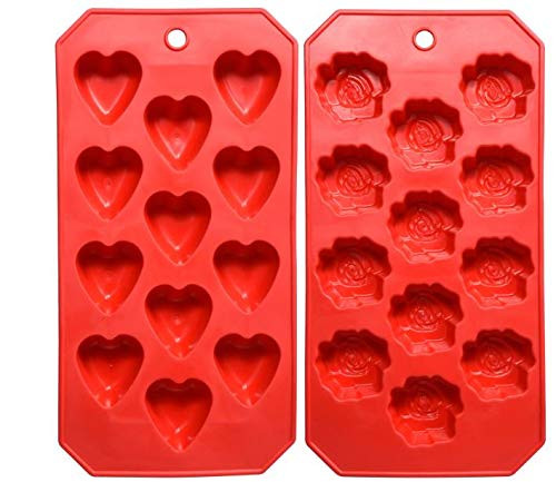 Easy Flex Silicone Rose and Heart Mold 24 Cavity for Ice Cubes, Gelatine, Baking and Candy 2 Pack Red Trays