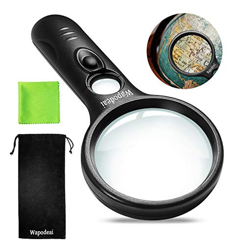 Wapodeai Magnifying Glass with Light, 3X 45X High Magnification, LED Handheld Lighted Magnifier, Suitable for Reading, Jewellery, Crafts, Lnspection, Science etc(Black)