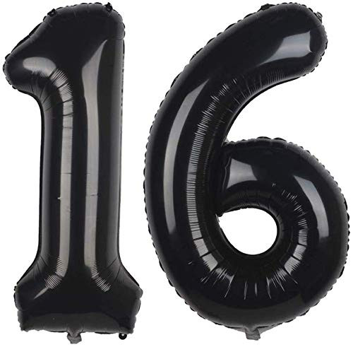 ZOOYOO Black 16 Foil Mylar Number Balloons for 16th Birthday Party Decoration Supplies,16th Anniversary,40 Inch.
