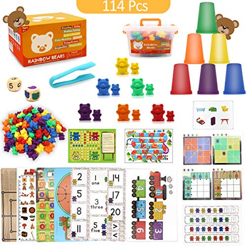 ZALALOVA Counting Bear Toys, 114Pcs Rainbow Counting Bears w/ Matching Sorting Cups, Number Color Recognition STEM Educational for Toddlers Bear Counters w/ 90 Bears 12 Active Cards 6 Cups 2 Dices