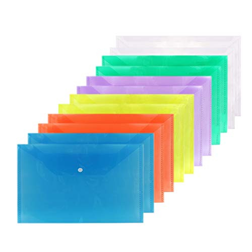 Filing Envelopes Premium Envelope Poly Envelope 12 Pcs Plastic Envelopes with Snap Button Waterproof Transparent Project Envelope Folder A4 Size 6 Assorted Colors