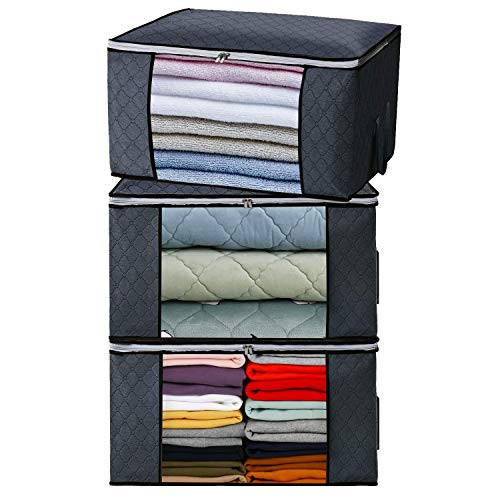 3 Pack-90L Clothes and Blanket Storage Bag for Closet Organizer and underbed storage,Foldable Breathable Closet Storage bags with Reinforced Handles and Thick non-woven fabric