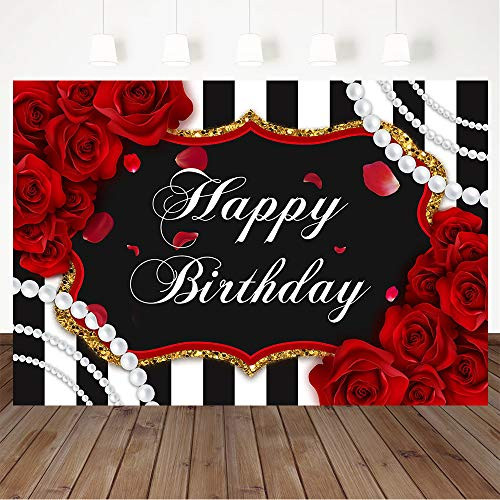 Avezano Red Roses Birthday Backdrop, Floral Pearl Striped Birthday Party Decorations 7x5ft Vinyl Black White Stripe Roses Woman Birthday Party Banner Photography Background