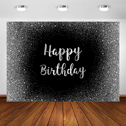 COMOPHOTO Silver Glitter Spots Dot Backdrop for Birthday Party Photobooth Background 7x5ft Happy Birthday Glitter Silver Black Sparkle Banner Decoration Vintage Abstract Photography Backdrops