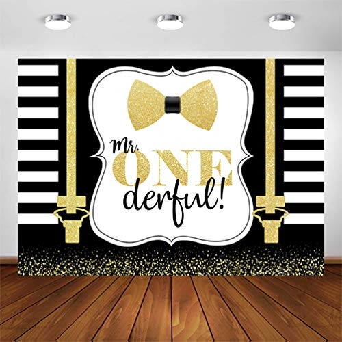 COMOPHOTO Mr Onederful Backdrop for Boy 1st Birthday 7x5ft Black Gold Glitter Stripes First Birthday Party Photography Background Mr. Onederful Theme Boys Baby Shower Parties Decoration Supplies