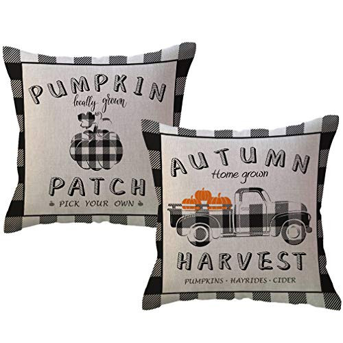 2Pack Autumn Harvest Decorative Throw Pillow Covers Black Checkers Plaid Pumpkins Truck Pumpkin Patch Cushion Covers Pillowcase 18X18 Inch for Autumn Blessed/Thanksgiving Farmhouse Decorations