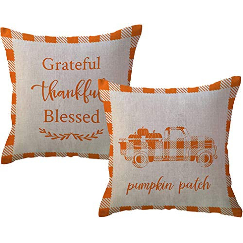 Autumn Harvest Decorative Throw Pillow Covers Orange Checkers Plaid Pumpkins Truck Pumpkin Patch Cushion Covers Grateful Thankful Blessed Farmhouse Decorations Pillowcase 18X18 Inch,Set of 2