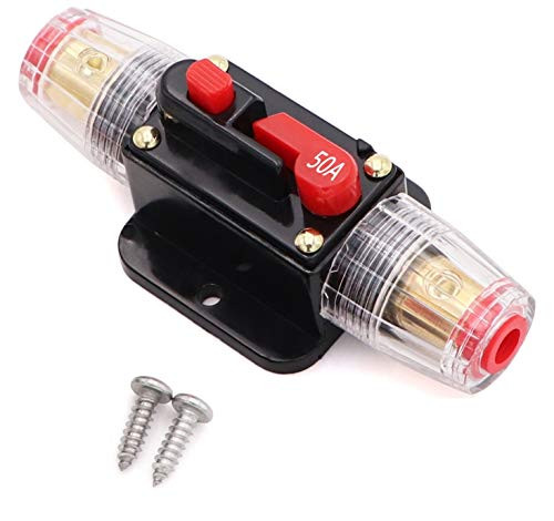 50 Amp Audio Inline Circuit Breaker Reset Fuse Holder 12V-24V DC with Manual Reset and Installation Screws for Car Audio, Stereo Switch and Solar Inverter System