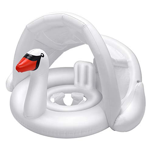 iefoah Baby Pool Float with Canopy Swan Inflatable Floatie with Sunshade Swan Swimming Ring for Infant Boys Girls Toddlers White