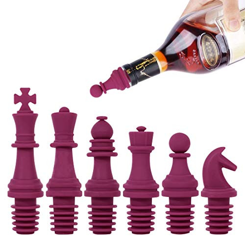 LinkIdea Wine Stopper, Silicone Wine Bottle Stoppers, Reusable Wine and Beverage Bottle Stoppers with Chess Decorative Grip Top - Keep the Wine Fresh Accessories (Set of 6)
