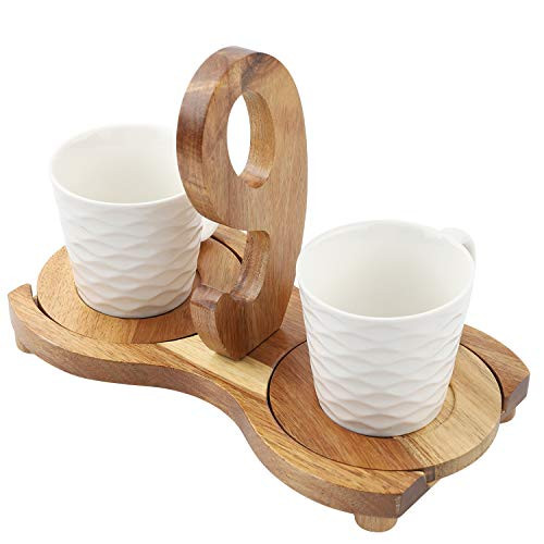COAWG Ceramic Coffee Cup Set?Set of 2?With Wood Saucers and Tray,Mr and Mrs Coffee Cup - Ideal for Coffee Drinks, Tea, Mocha and Latte, Stand for Home and Afternoon Tea Cup- 7.5 OZ