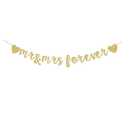 Mr & Mrs Forever Banner, Gold Gliter Paper Sign for Wedding/Anniversary Party Decorations