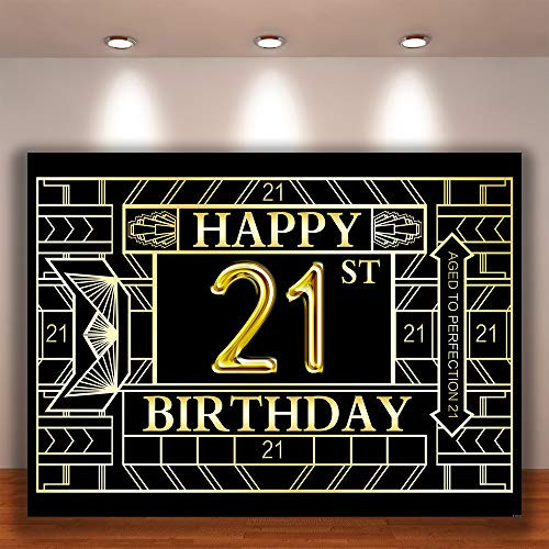 Crefelicid 7x5ft Gatsby 21st Birthday Backdrop Goden and Black 21 Birthday Photography Background Adults Men Bday Cake Table for Party Decorations Favors