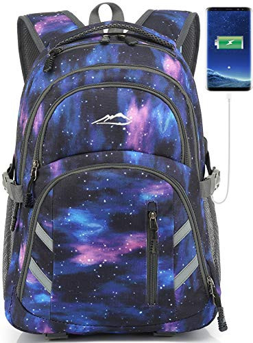 School Backpack with USB Charging Port Travel College Student Business Bookbag (Galaxy C (Blue Purple))