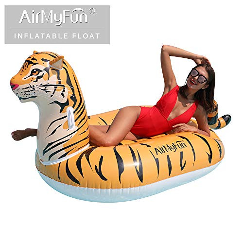 AirMyFun Inflatable Tiger Pool Raft Tiger Float Water Fun Summer Beach Swimming Pool Float Tubes Inflatable Ride on Pool Party Raft for Adult 79" x 39" x 39"