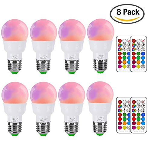 iLC RGB LED Light Bulb, Color Changing Light Bulb Dimmable 3W E26 Screw Base RGBW, Mood Light - Dual Memory - 12 Color Choices - Timing Infrared Remote Control Included (8 Pack)