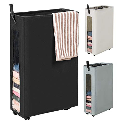 WOWLIVE 27 inches Slim Rolling Laundry Hamper with Wheels Tall Thin Laundry Basket with Clear Window Handy Collapsible Clothes Hamper Mesh Cover Rectangular Storage?Corner Bin(Black)