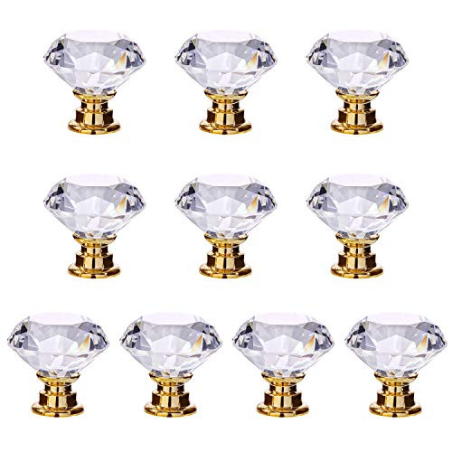 NVTED 10 PCS Cabinet Knobs Drawer Pulls, Diamond Shape Crystal Glass Drawer Cabinet Pull Knob Handle Kitchen Door Wardrobe Hardware (Gold)