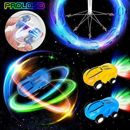 PROLOSO Mini High Speed Toy Cars Stunt Racers- USB Rechargeable LED Light Up Race Cars Glow in The Dark Pocket Racer Spinner Toys with Keychain 2 Sets
