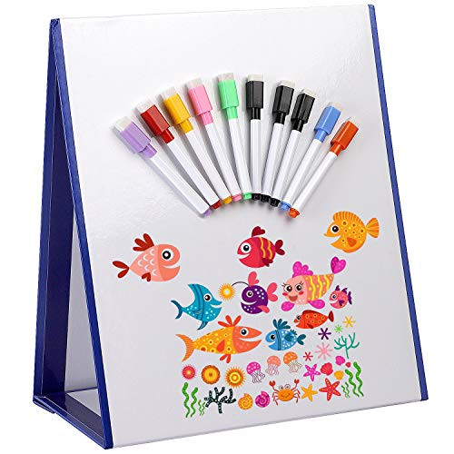 KEILEOHO 15 x 13 Inch Magnetic Dry Erase Board, Kids Easel with Magnetic Whiteboard, 10 Pack Dry Erase Markers Tabletop Easel Double Sided Drawing Magnet Board with Stand for Kids Educational Toy