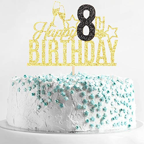 Happy 8th Birthday Cake Topper - Eight-year-old Cake Topper, Kid's 8th Birthday Cake Decoration, 8th Birthday Party Decoration (Gold and Black)