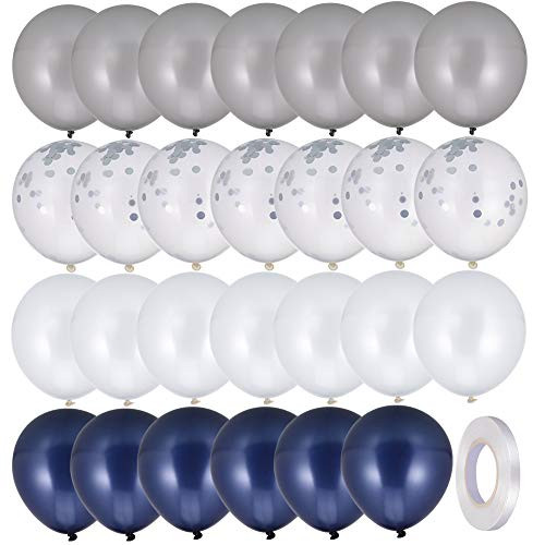 Uspeedy- 60 pcs Navy Blue and Silver Confetti Balloons 12 inch White Pearl and Silver Metallic Chrome Party Balloons for 2020 Graduation Party Decorations with a roll ribbon
