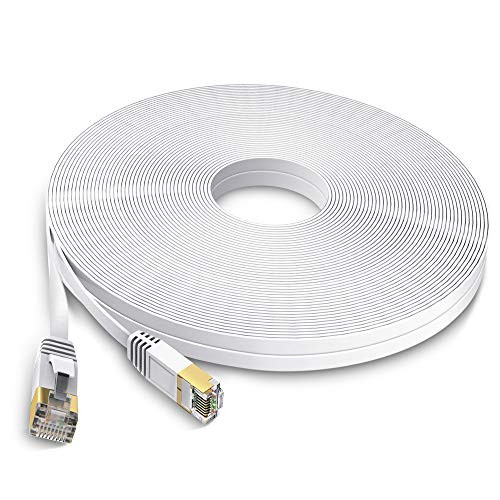 ODOM Cat7 Ethernet Cable 100ft Flat White, Cat7 Internet Patch Cord with Cable Clips & Labels, Long 10 Gigabit High Speed Ethernet Cable, RJ45 Network LAN Cable for PS4, Modem, Router, Switch